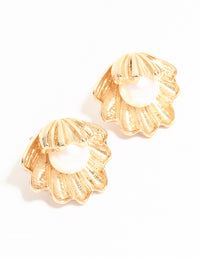 Gold Clam Pearl Stud Earrings - link has visual effect only