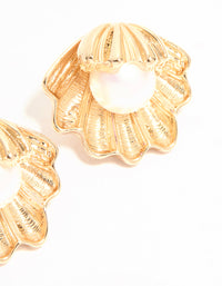 Gold Clam Pearl Stud Earrings - link has visual effect only