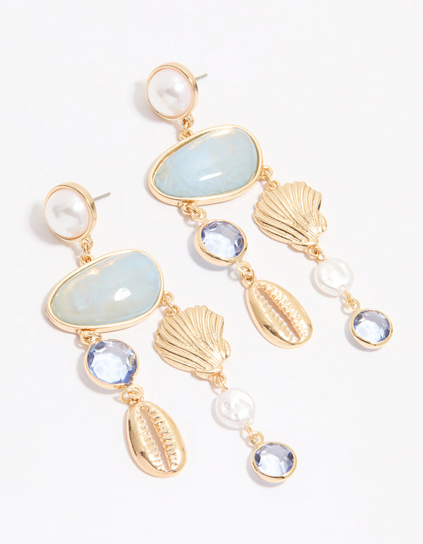 Gold Blue Marble & Shell Mobile Drop Earrings