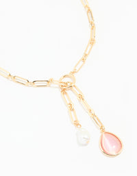 Gold Pink Gem & Pearl Drop Y-Necklace - link has visual effect only
