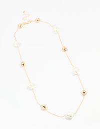 Gold Pearl & Solid Ball Long Link Necklace - link has visual effect only