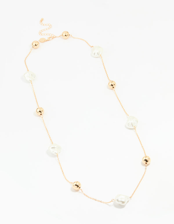 Gold Pearl & Solid Ball Long Link Necklace