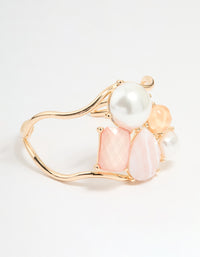 Gold Pink & Orange Gem Pearl Wrist Cuff - link has visual effect only