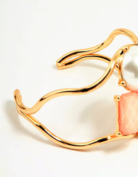 Gold Pink & Orange Gem Pearl Wrist Cuff - link has visual effect only