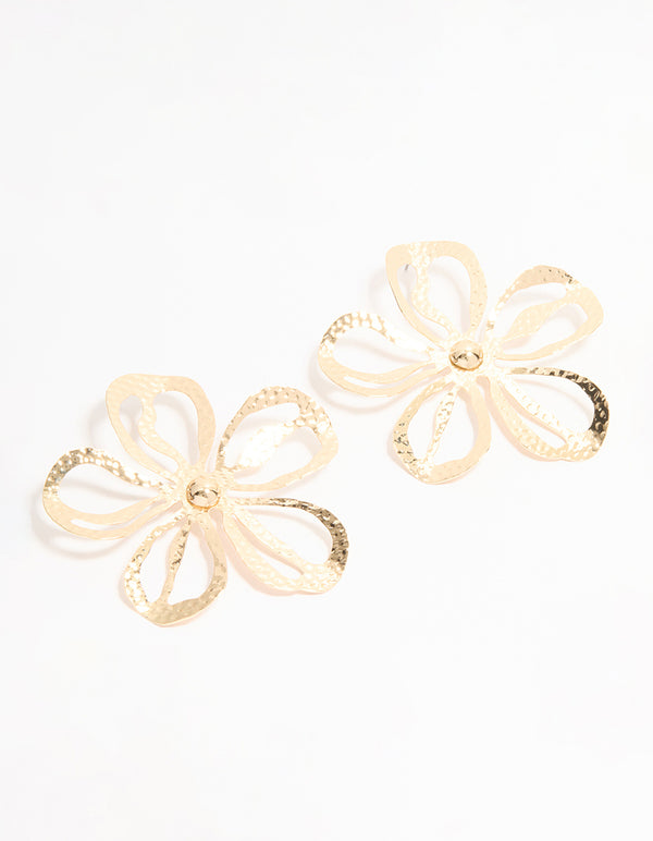 Gold Cut Out Large Flower Stud Earrings
