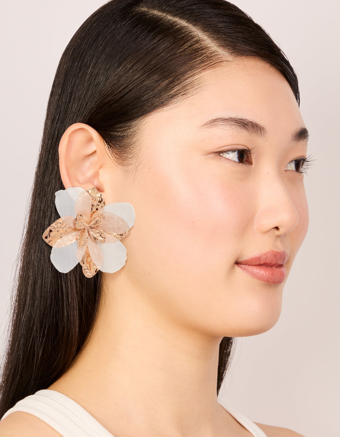 Gold White Fabric Flower Drop Earrings