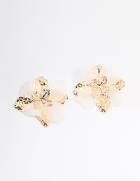 Gold White Fabric Flower Drop Earrings - link has visual effect only