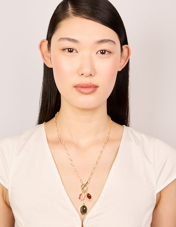 Gold Green Red & Pink Gemstone Charm Necklace