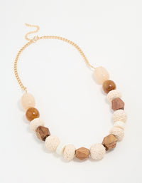 Gold White Raffia & Wood Textured Ball Necklace - link has visual effect only