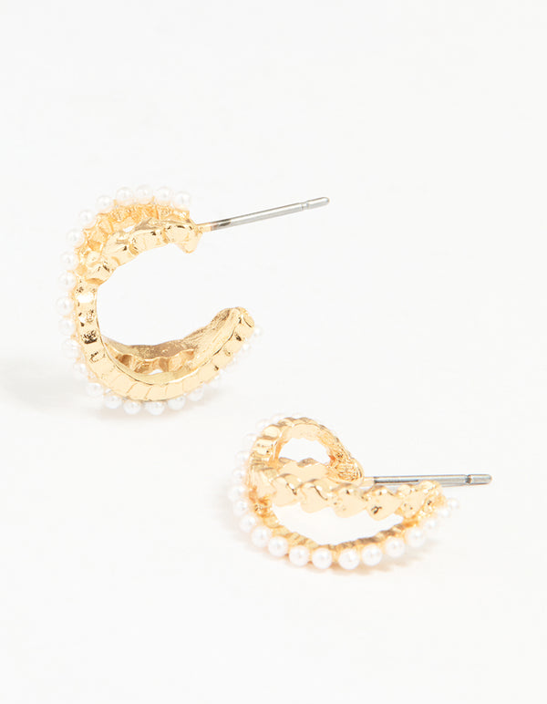 Gold Pearl Twisted Mini Huggie Earrings