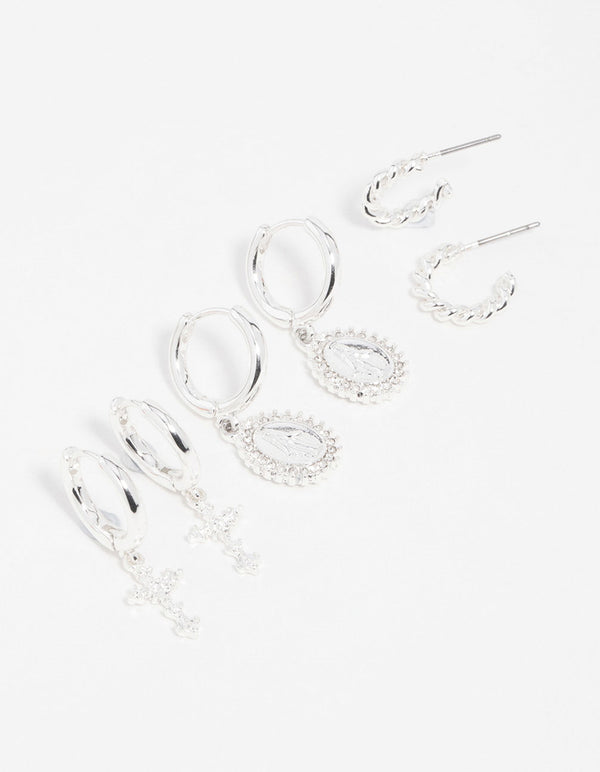 Silver Diamante Cross Huggie Earrings 3-Pack