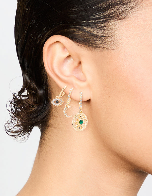 Gold Celestial Eye Diamante Earrings 3-Pack