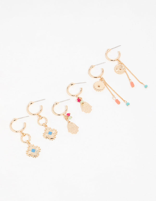 Gold Hamsa Eye Chain Earrings 3-Pack