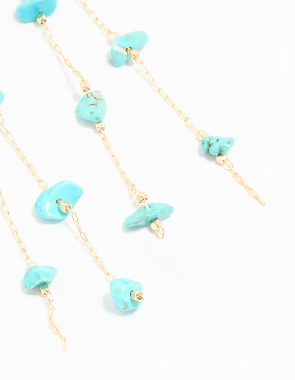Gold Blue Semi Precious Stone Statement Chain Drop Earrings