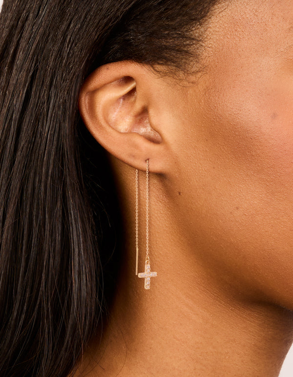 Gold Cubic Zirconia Cross Threader Earrings