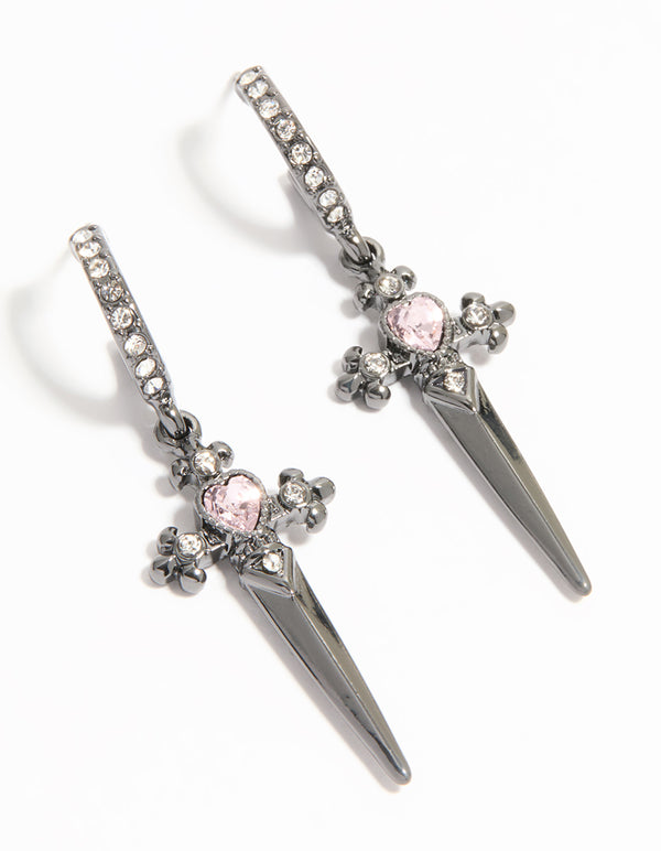 Gunmetal Pink Diamante Dagger Huggie Earrings