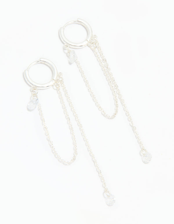 Silver Cubic Zirconia Loop Chain Huggie Earrings