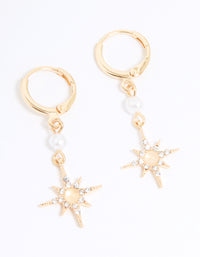 Gold Diamante & Pearl Star Drop Huggie Earrings - link has visual effect only