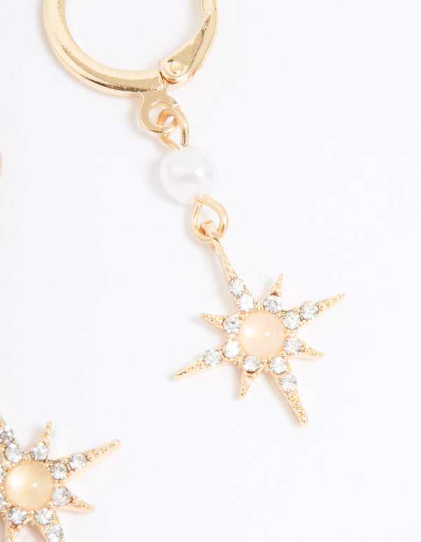 Gold Diamante & Pearl Star Drop Huggie Earrings