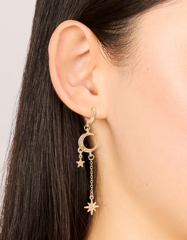 Gold Diamante Celestial Chain Drop Huggie Earrings