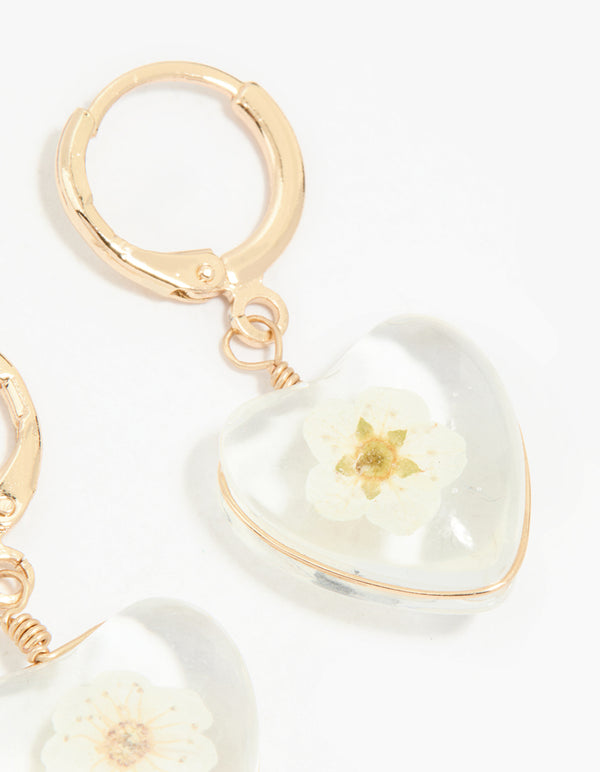 Gold Acrylic Flower Centre Heart Huggie Earrings