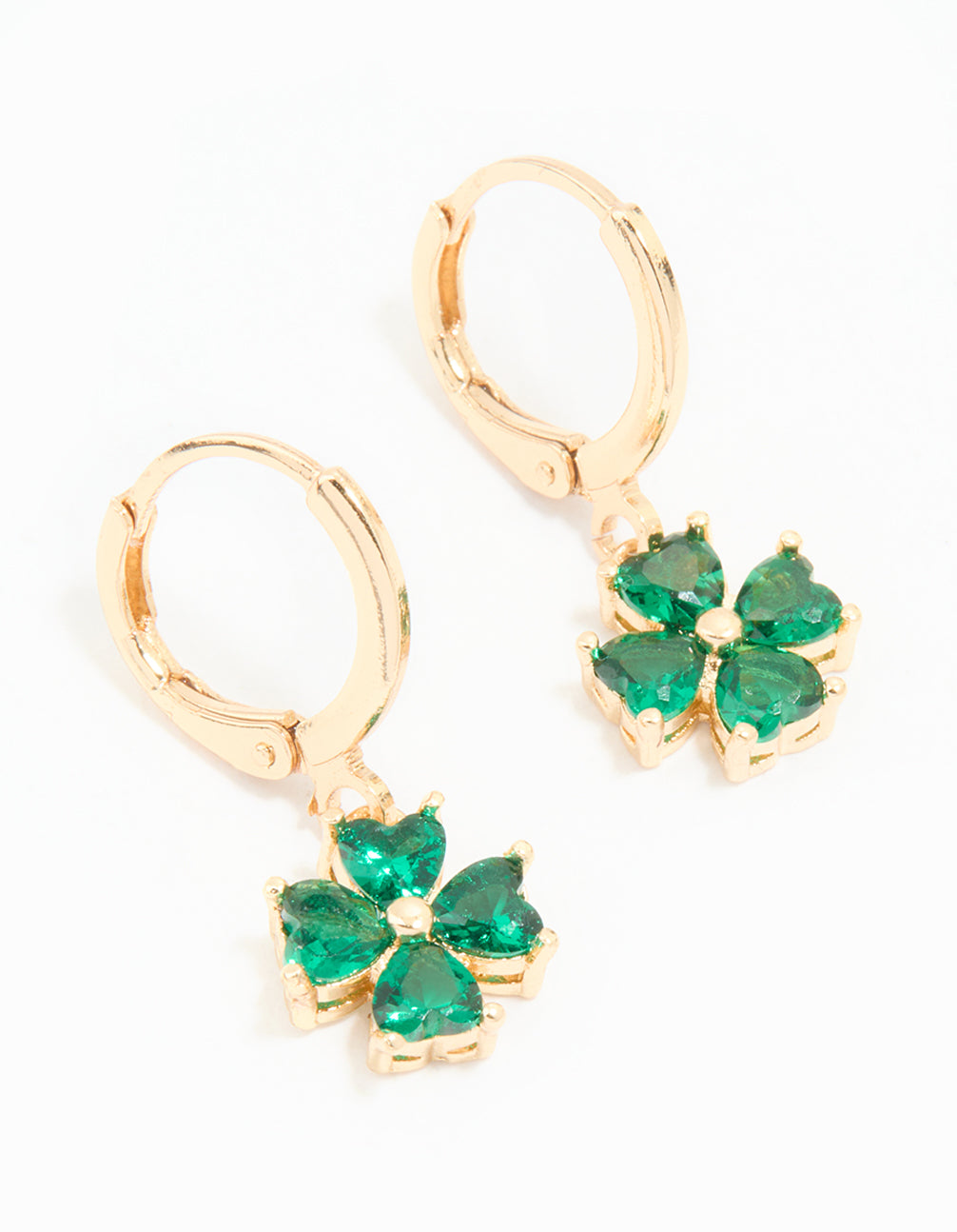 Gold Green Cubic Zirconia Lucky Clover Huggie Earrings