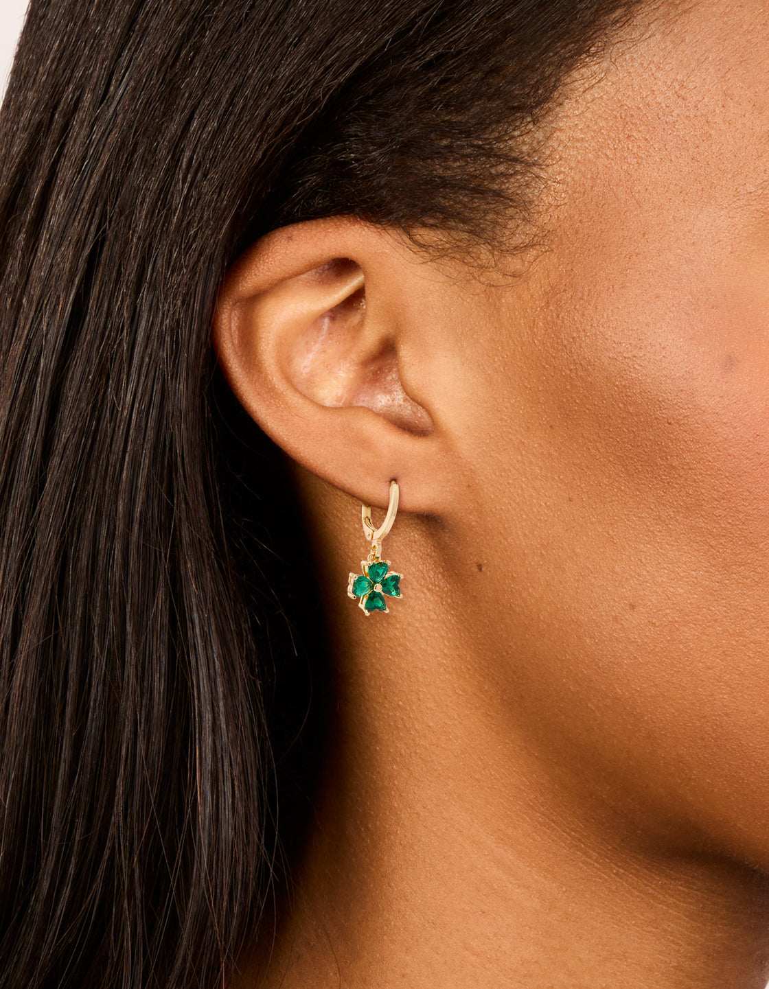 Gold Green Cubic Zirconia Lucky Clover Huggie Earrings