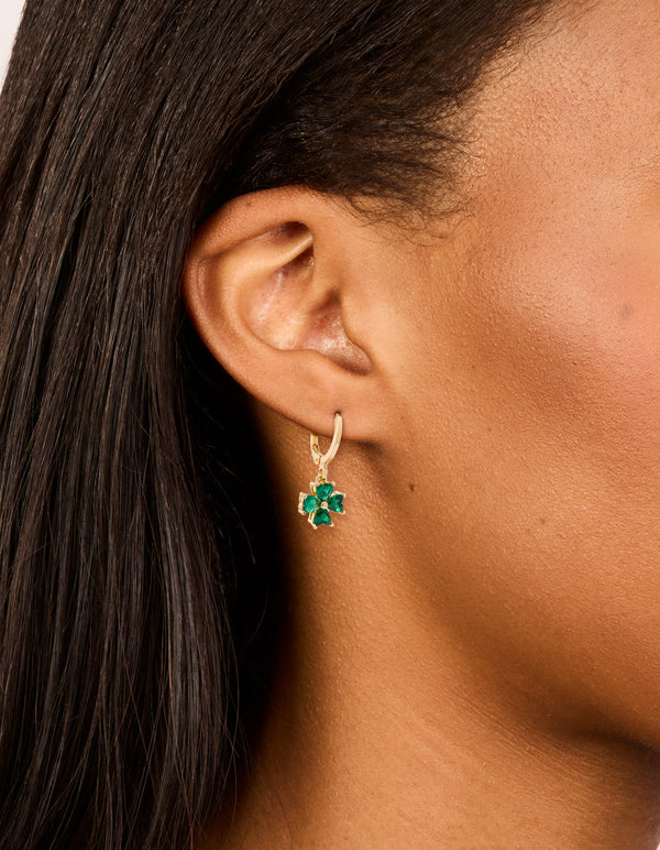 Gold Green Cubic Zirconia Lucky Clover Huggie Earrings