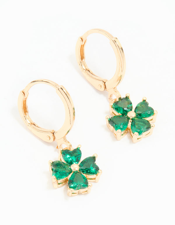 Gold Green Cubic Zirconia Lucky Clover Huggie Earrings