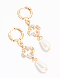 Gold Diamante Pearl Floral Huggie Earrings - link has visual effect only