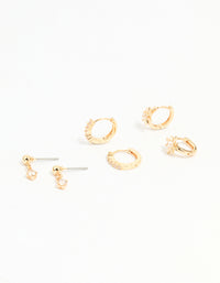 Gold Cubic Zirconia Mixed Cross Huggie & Stud Earrings 3-Pack - link has visual effect only