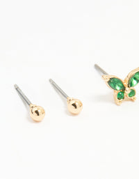 Gold Green Diamante Butterfly & Cross Mixed Stud Earrings 3-Pack - link has visual effect only