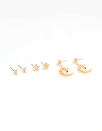 Gold Cubic Zirconia Celestial Drop & Stud Earrings 3-Pack - link has visual effect only