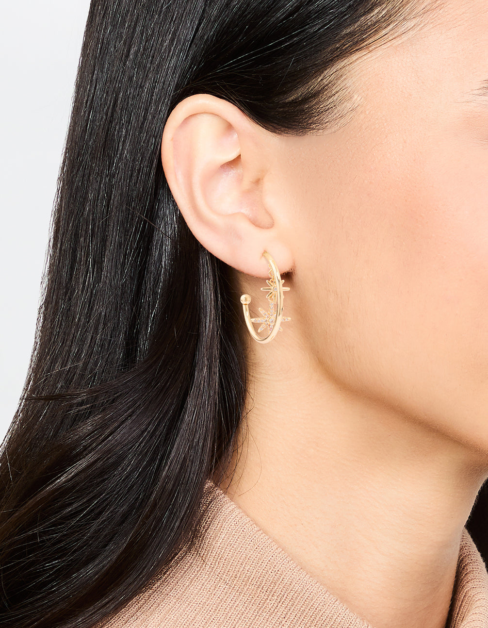Gold Cubic Zirconia Star Charm Hoop Earrings