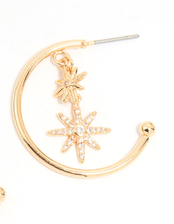 Gold Cubic Zirconia Star Charm Hoop Earrings