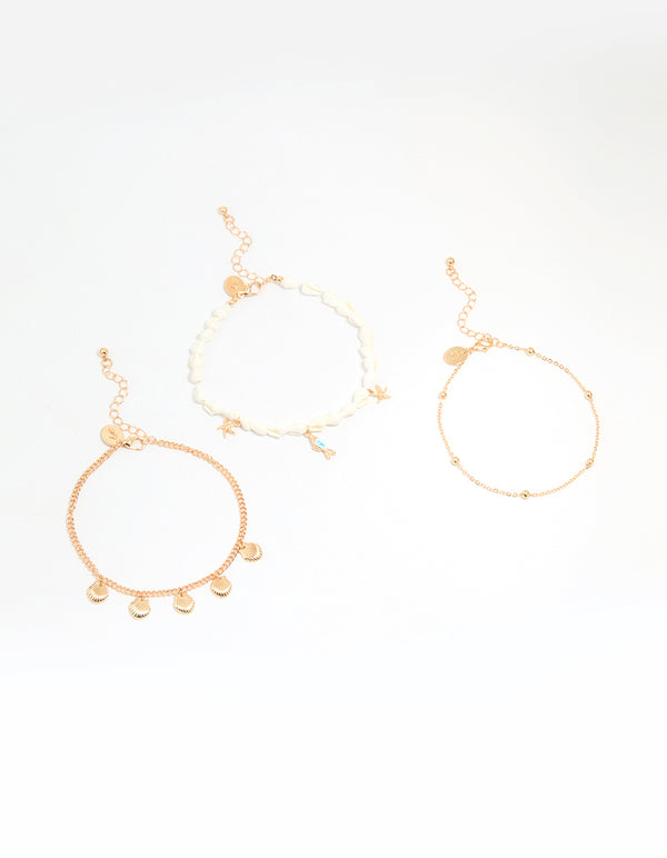 Gold Shell & Fish Charm Anklets 3-Pack