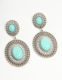 Antique Silver Turquoise Double Circle Net Drop Earrings - link has visual effect only