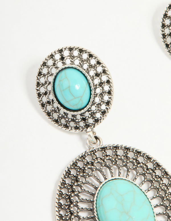 Antique Silver Turquoise Double Circle Net Drop Earrings