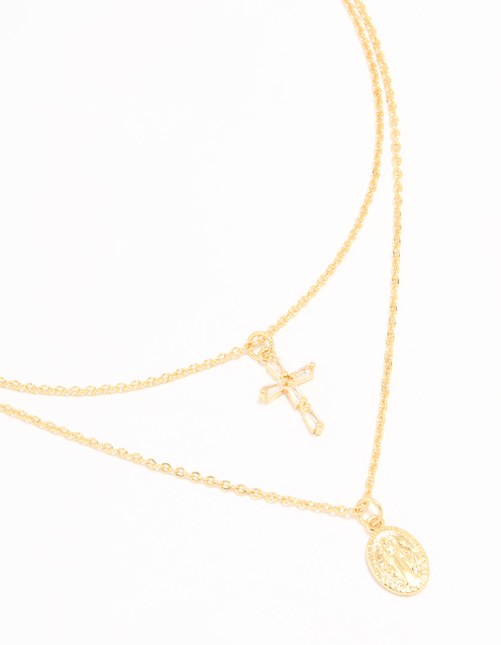 Gold Plated Cross & Mary Layered Necklace