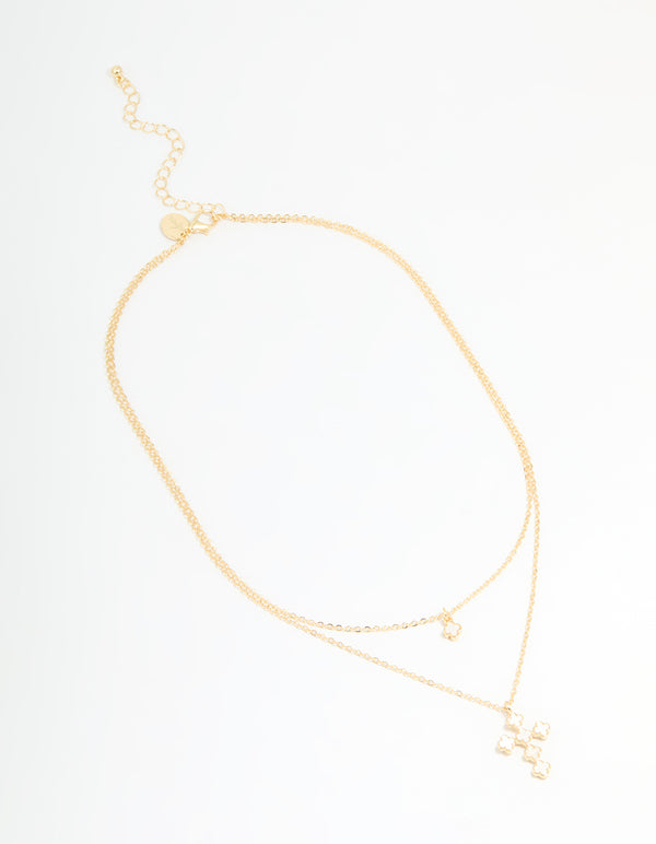 Gold Plated Flower & Cross Layered Necklace
