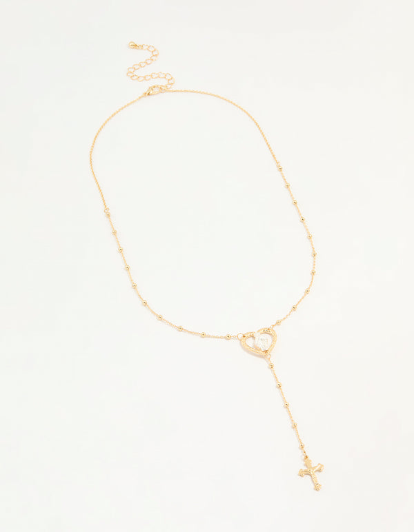 Mixed Metal Cross Heart & Mary Y-Necklace