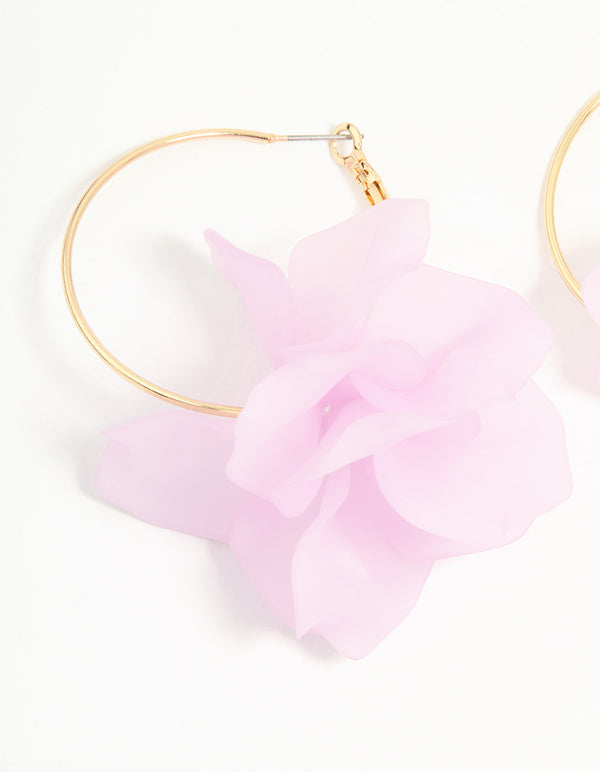 Gold Pink Acrylic Petal Hoop Earrings