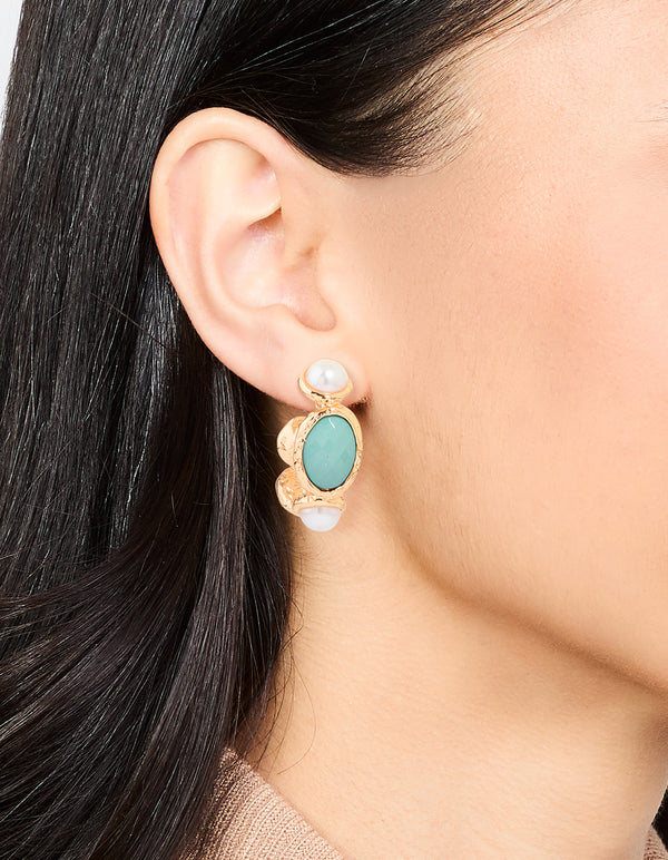 Gold Pearl & Blue Stone Alternating Hoop Earrings