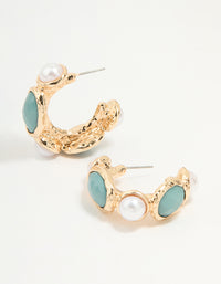 Gold Pearl & Blue Stone Alternating Hoop Earrings - link has visual effect only
