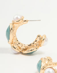 Gold Pearl & Blue Stone Alternating Hoop Earrings - link has visual effect only