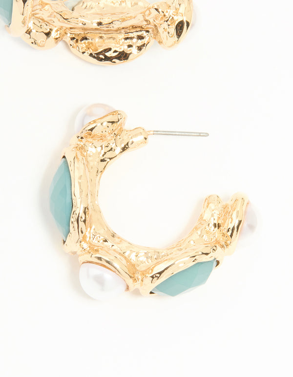 Gold Pearl & Blue Stone Alternating Hoop Earrings