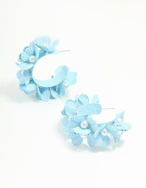 Blue Coated Metal Pearl Center Flower Hoop Earrings