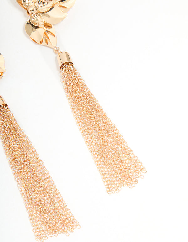 Gold Orchid Tassel Drop Earrings