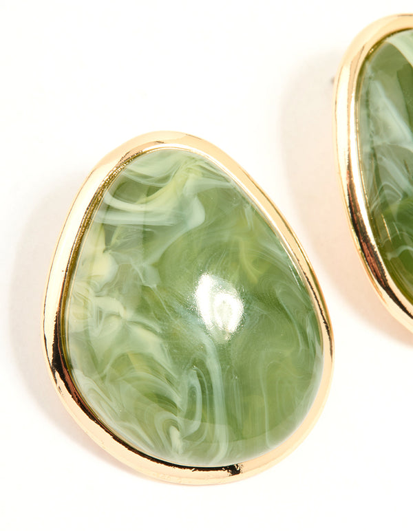 Gold Green Marble Organic Stud Earrings