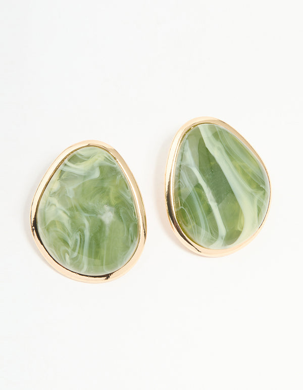 Gold Green Marble Organic Stud Earrings